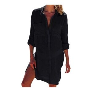 JFAN Women's Button Down Shirts Crinkle Chiffon Cover Up  Cardigan Beach Dress